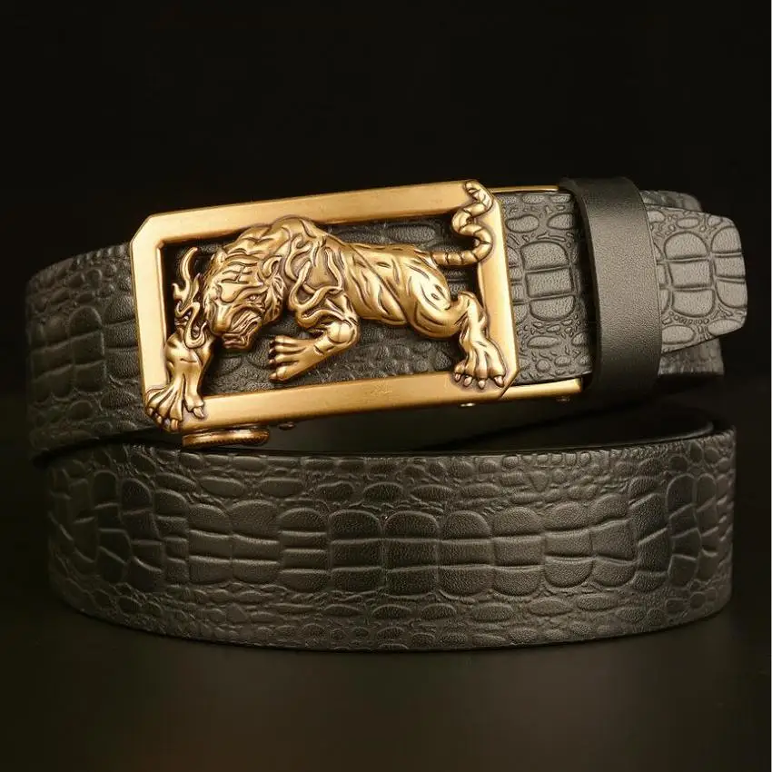 

Men Automatic Buckle Top Layer Cowskin Genuine Leather Crocodile Grain Gold Tiger Belt Jeans Waistband BCD047