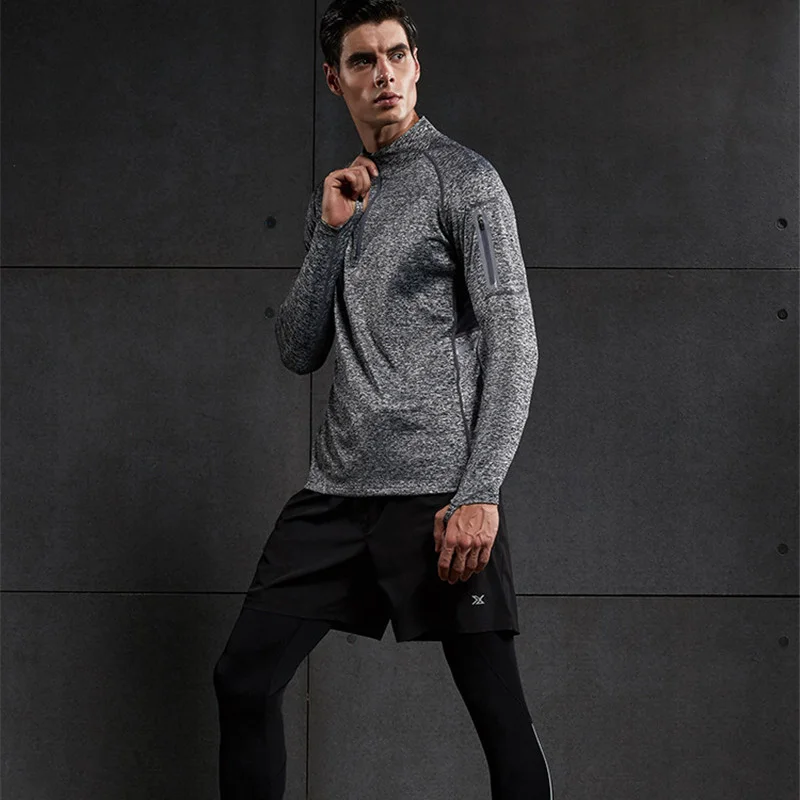 Мужская футболка с длинными рукавами на молнии для фитнеса быстросохнущая