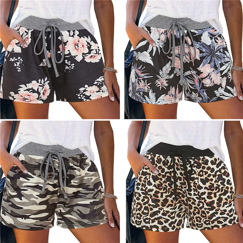 

2021 Summer Casual Shorts Women Sports Short Pants Floral Print High Elastic Waist Sweatpants with Pockets Ladies Beach Shorts