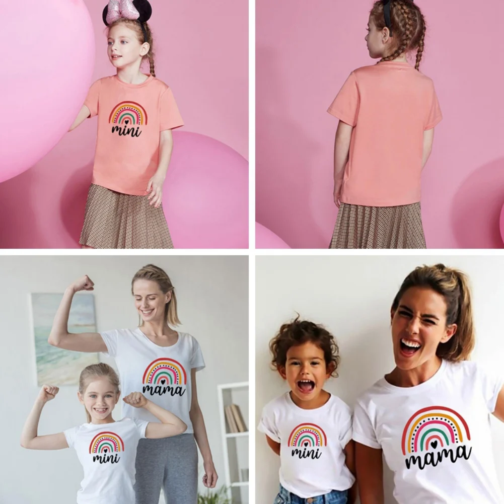 

Fashion Mama And Mini Rainbow Print Family Matching T-shirt Short Sleeve Family Look T-shirts Mother And Daughter Clothes
