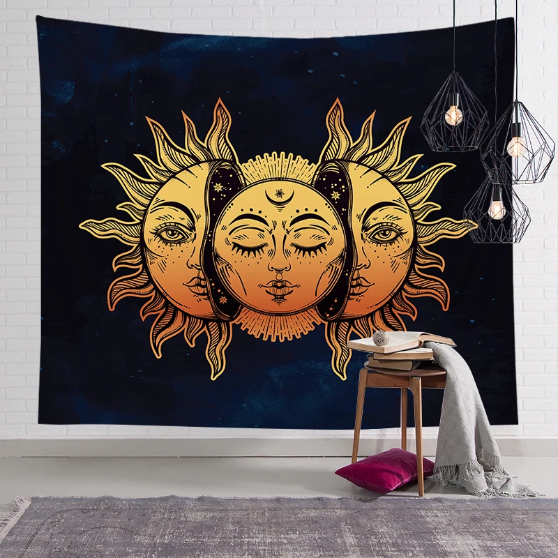 

Golden Sun God Moon Helios Mandala Tapestry Wall Hanging Celestial Wall Tapestry Hippie Wall Carpets Home Decoration Black