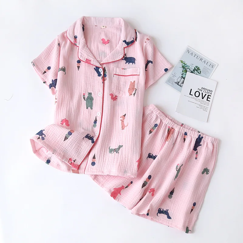 New Summer Pajamas Set Women's Cotton Gauze Soft Female Short-sleeved  Sleepwear with Shorts Japan Cartoon Thin Casual Home Wear