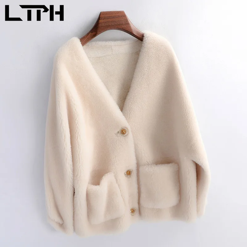 

LTPH vintage V-neck faux fur coat women loose cashmere cardigan high quality double pocket fluffy jacket outwear 2021 autumn new