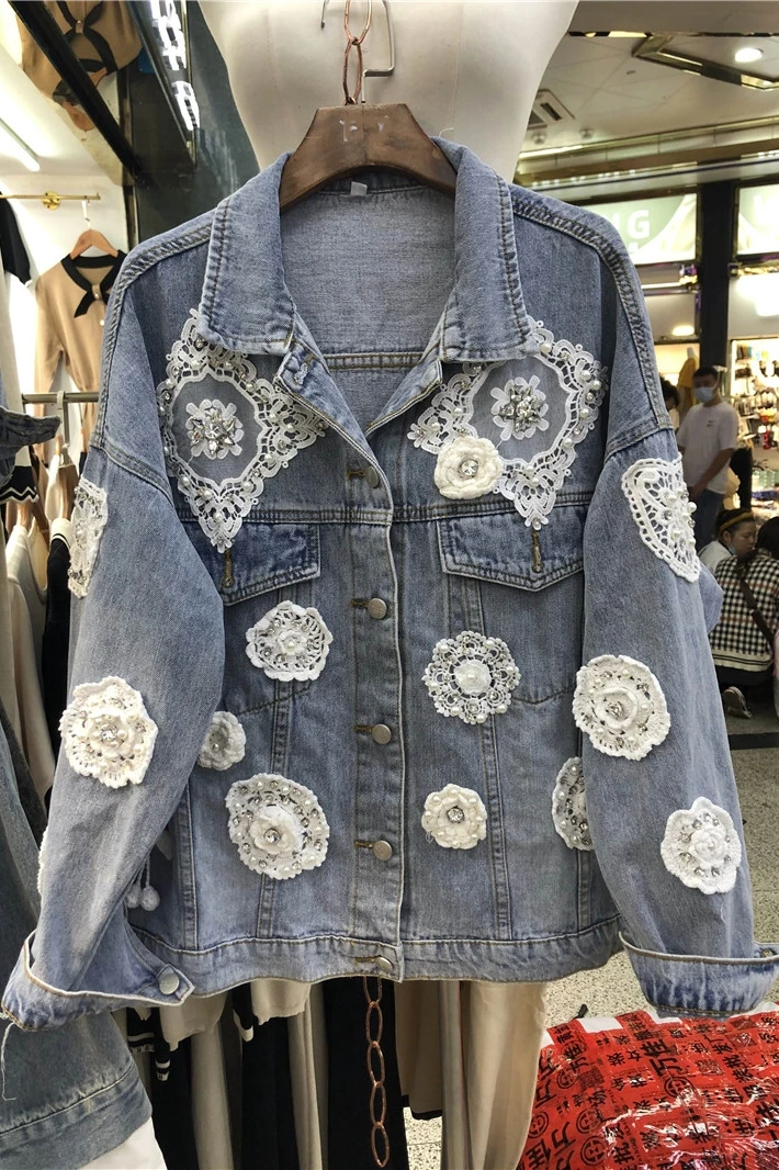 

Beaded Top Women's Jeans Jacket 2021 Spring Three-Dimensional Flower Lace Denim Jackets Girls Coat Students Loose Coats Outwear