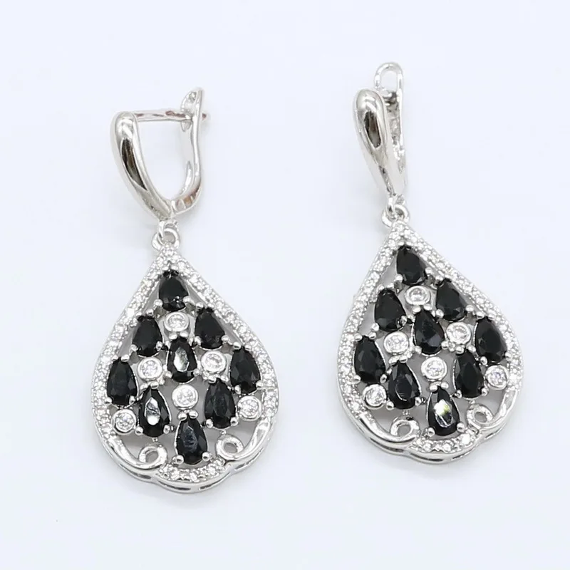 Black White Zircon 925 Silver Wedding Jewelry Sets for Women with Bracelet Earrings Necklace Pendant Ring Gift Box