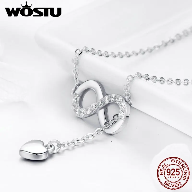 

WOSTU Authentic 925 Sterling Silver Infinity Love Heart Pendant Necklace For Women Silver Jewelry Lover Romantic Gift FIN223