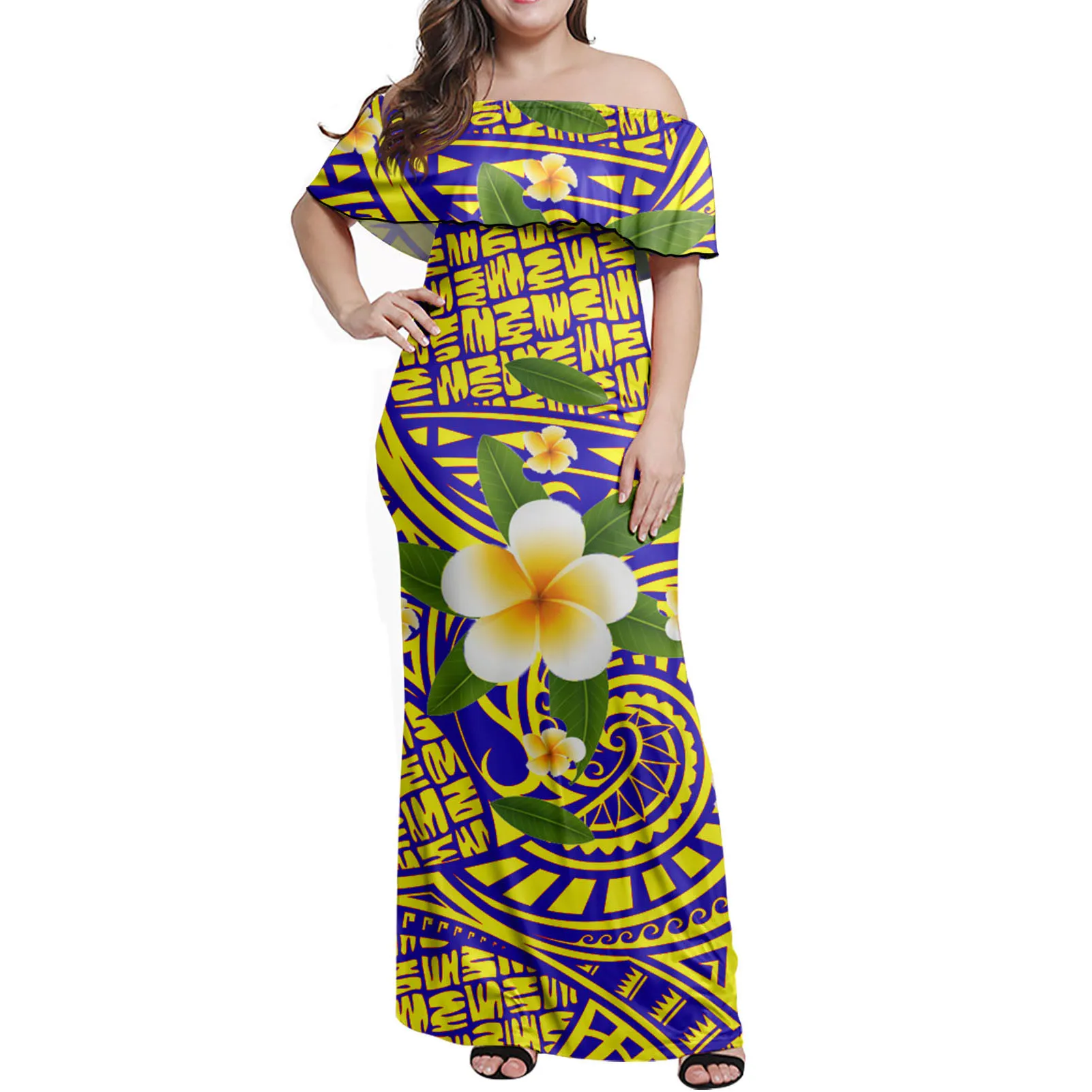 

HYCOOL 2021 New Spring Summer Women Polynesian Tribal Hawaii Flower Club Dress Sexy Off Shoulder Celebrity Runway Party Dress