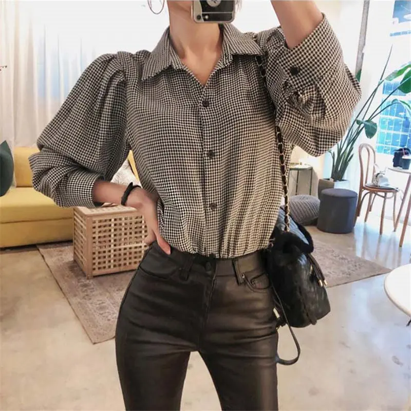 Alien Kitty 2020 Grey Plaid Sweet Stylish All-Match Loose Office Lady Casual Plus Size Vintage Chic Basic Blouses Retro Shirt |