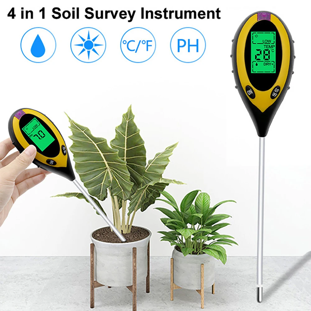 4 In 1 Digital PH Meter Soil Moisture Sunlight Temperature PH Tester Garden Plant Seeding  Flowers Farm Soil Monitor