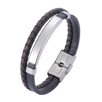 vintage double layer leather braided bracelets for men hand jewelry stainless steel charm fashion party bangle male gift ps1147