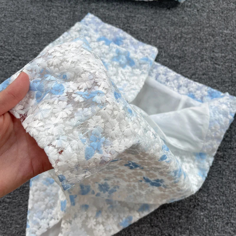 

2021 Summer Women Two Piece Set Blue Embroidery Lace Short Sleeve Button up Cropped Shirt and High Waist Mini Pencil Skirt Suits