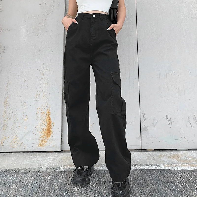 

Pockets Patchwork High Waist Jeans Women Streetwear Straight Jean Femme Blue Cotton Cargo Pants