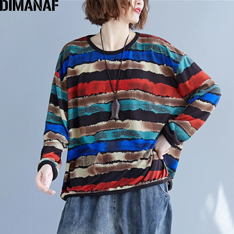 Женская трикотажная футболка DIMANAF свободная повседневная рубашка в полоску из