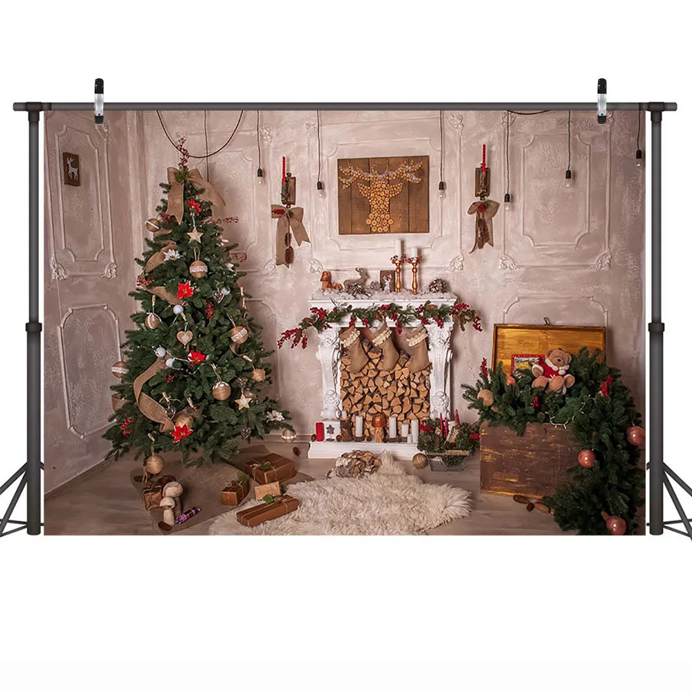 Christmas Backdrop for Photography Winter Family Party Fireplace Socks Brick Wall Photo Background Bell Tree Photocall | Электроника