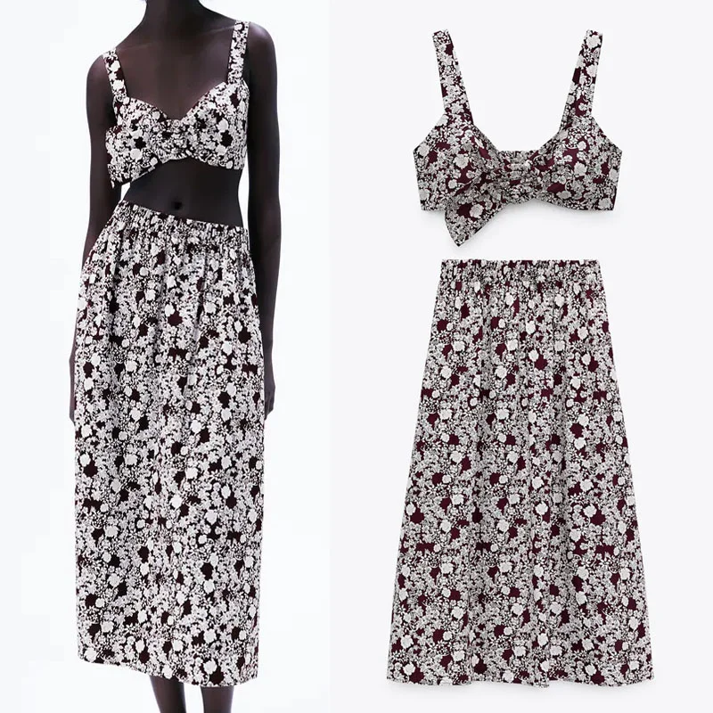 

za 2021 print midi skirts women fashion high waist summer skirt sexy buckle straps crop top vintage hid pocket woman skirt suits