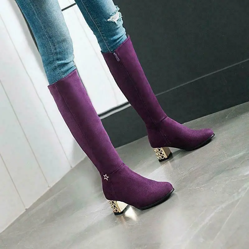 

Sexy Womens lady Faux Suede Metal Decor Chunky Heels Knee High Knight Boots new