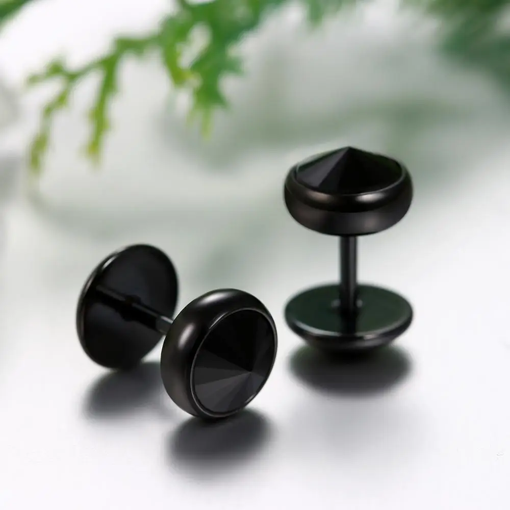 Мужские Черные Накладные беруши из нержавеющей стали 8 мм шпильки с фианитами