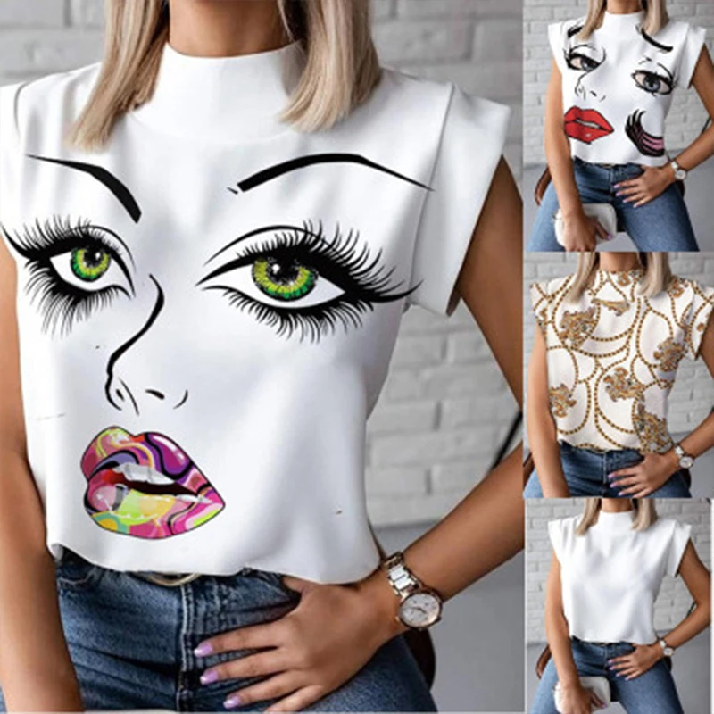 

Summer Fashion Printed Waistcoat Sleeveless Retro Blouse Simple Stand-up Collar Lip Printing Lady Shirt Casual Office Streetwear