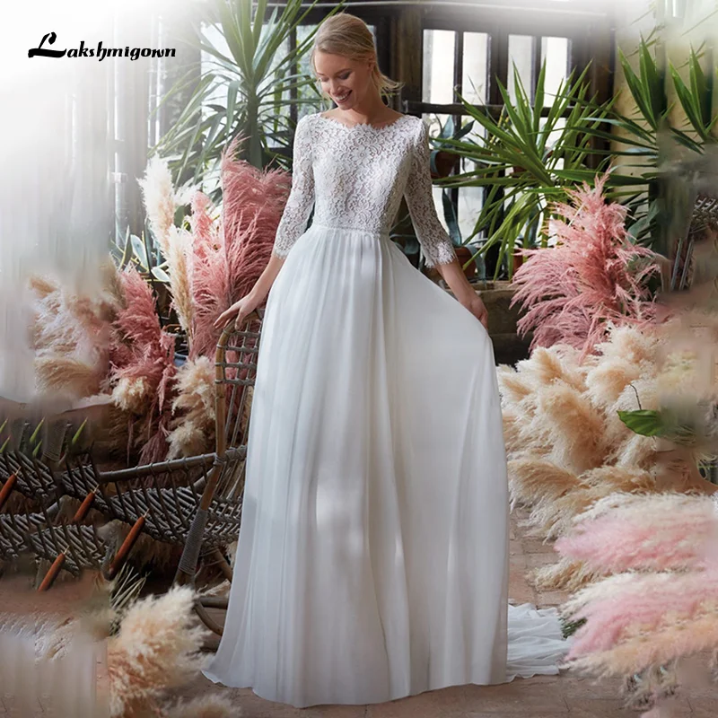 

Lakshmigown Пляжные Свадебные платья с одежда с длинным рукавом с богемским кружевом, платья невесты с 2021 халат de Noiva трапециевидной формы богемн...