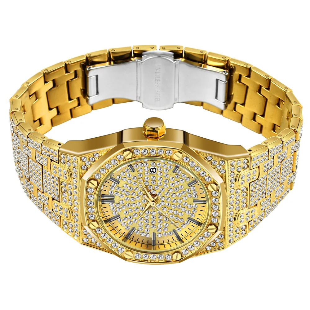 Сверкающие полностью алмазные камни мужские наручные часы из 18-каратного золота