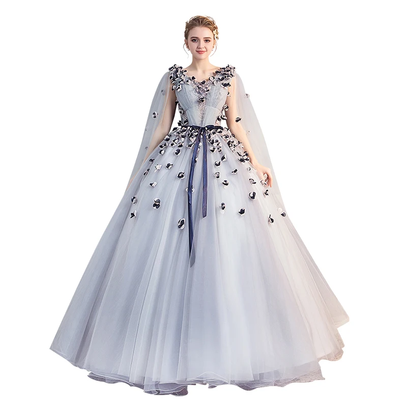 2020 серебристо серое бальное платье с цветочным принтом ручной работы v образным