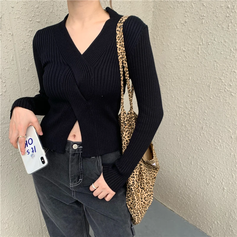 

Ppshd Vintage Winter Cored Yarn Thickened Knitting Cross Exposed Navel Knitted Top