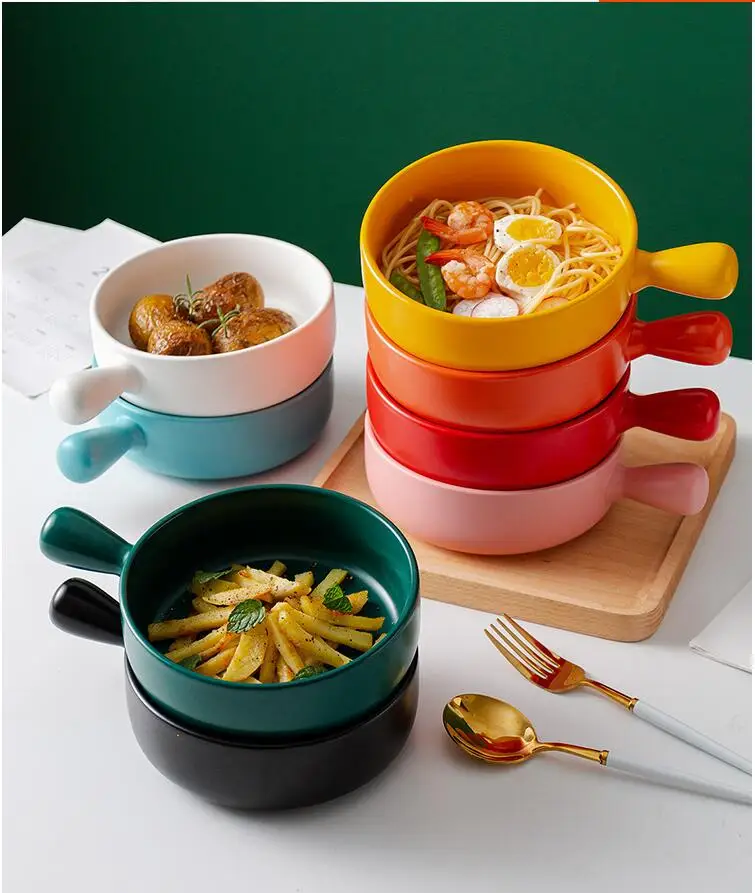 

Single Handle Ceramic Bowl Home Decoration Baking Bowl Household Tableware Instant Noodle Bowl Breakfast Salad Bowl Accessories