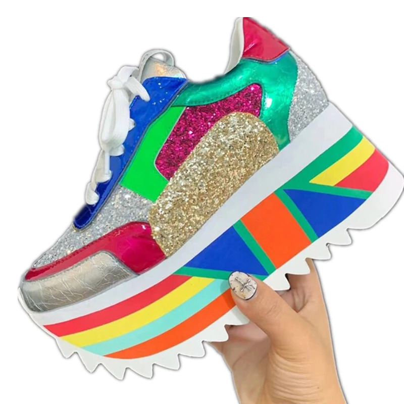 Royal Belle 2019 Hot BlingBling Sequins Platform Sneakers Women Mixed Color Lace Up Thick Bottom Ladies Sports Shoes | Обувь