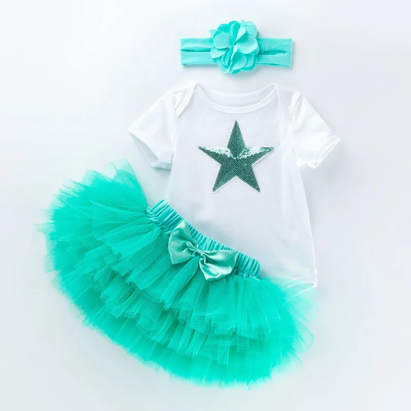 

0-18M Summer Baby Rompers 2021 Newborn Baby Girl Romper Short sleeve Jumpsuit+Skirts+Headband set Baby Clothes Cotton Outfits