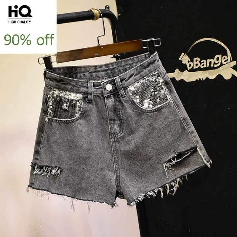 Сексуальные женские рваные джинсовые шорты с высокой талией расшитые блестками