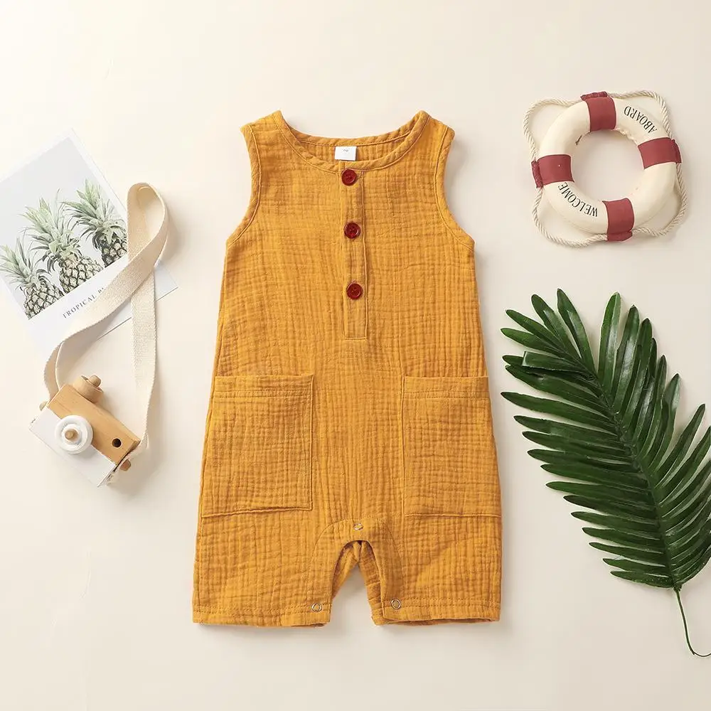 

Ins Summer Baby kids Clothing girl Boy Romper O-neck Sleeveless Solid Color Two Pockets Romper Infant Simple 100% Cotton romper
