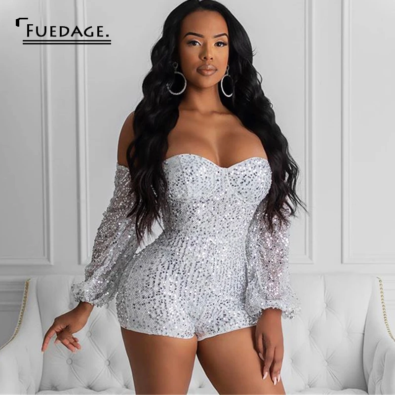 Fuedage Sequins сексуальный женский комбинезон, блестящий Блестящий бодикон с открытой спиной, женский комбинезон с открытыми плечами, костюмы с рукавами-фонариками