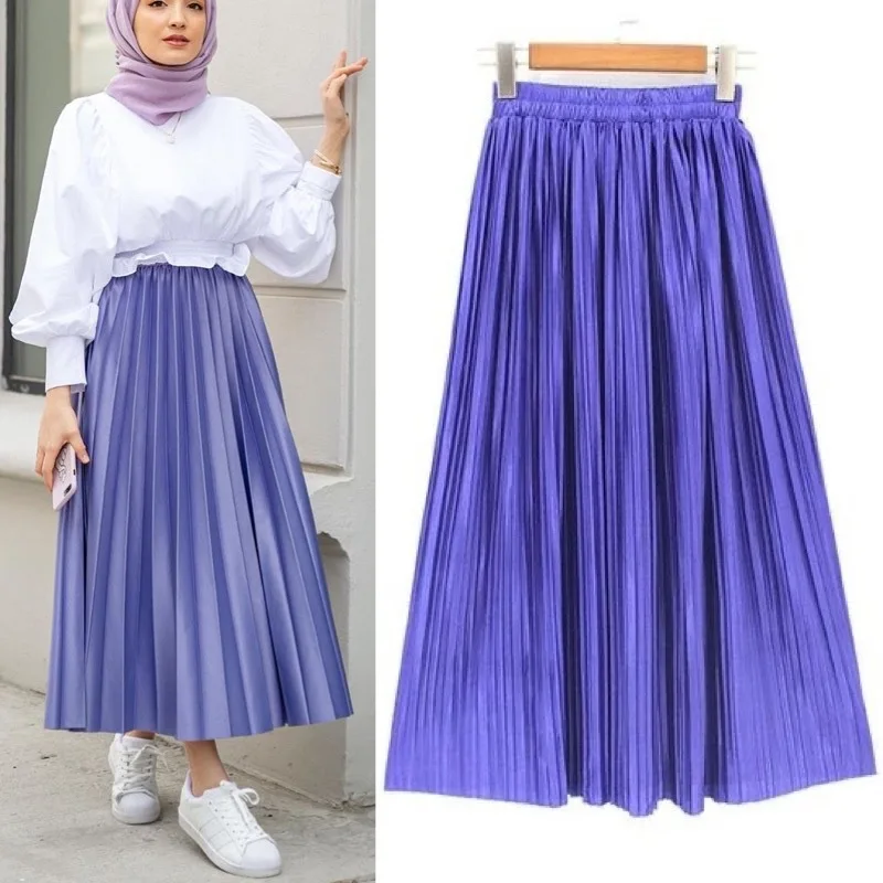

Muslim Elegant Pleated Skirt Islamic Dubai Turkish Solid Women Hight Waist Party Long Maxi Musulman Jupe Islamic Clothing