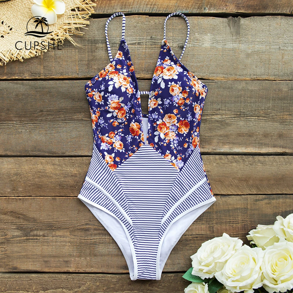 CUPSHE/цельные купальники с темно-синим принтом и глубоким v-образным вырезом