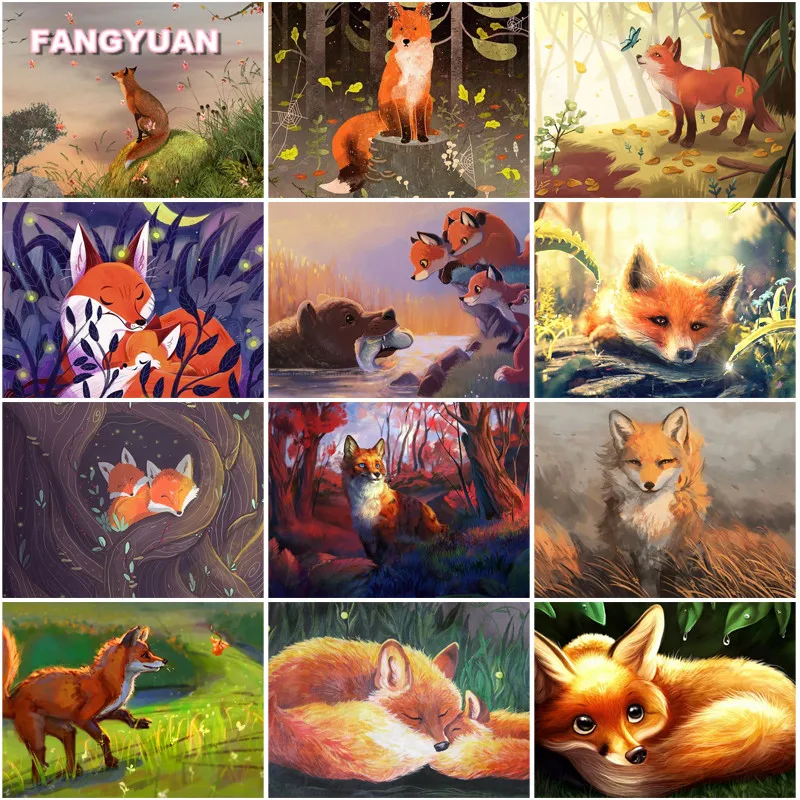 

5D Diy Diamond Painting Cartoon Animals Yellow Fox Forest Maple Scenery Needlework Stitch Diamond Mosaic Art Paintings Handmade