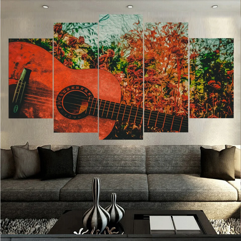 Pretty Modern Canvas HD Wall Art Frame Modular Printed Pictures Living Room Decor 5 Pieces Abstract Guitar Music Poster Painting | Дом и сад