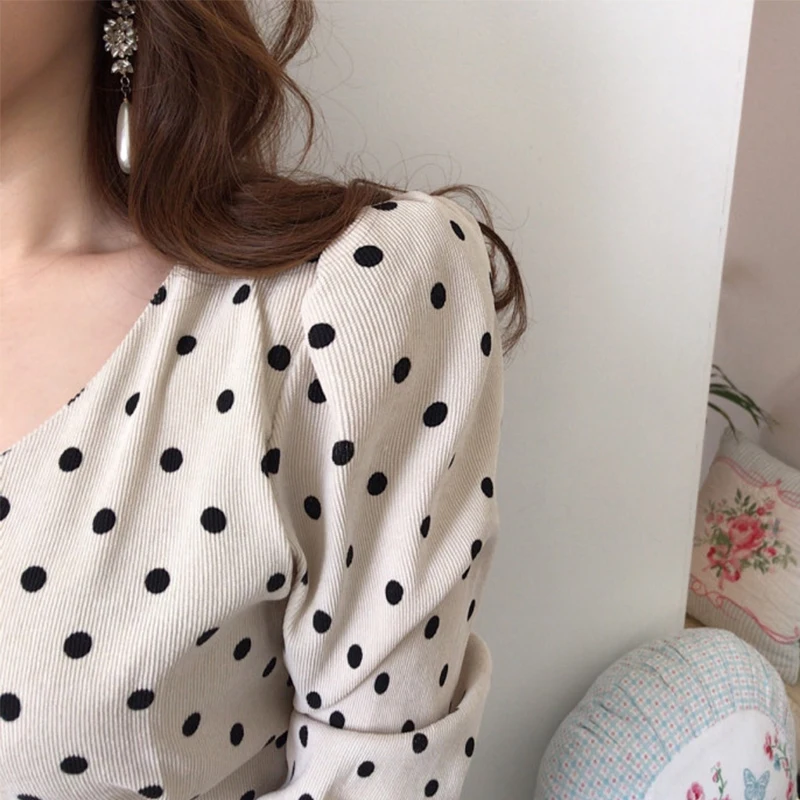 

Женское вельветовое платье в горошек, Элегантное повседневное вельветовое платье в корейском ретро-стиле с волнистым принтом на талии