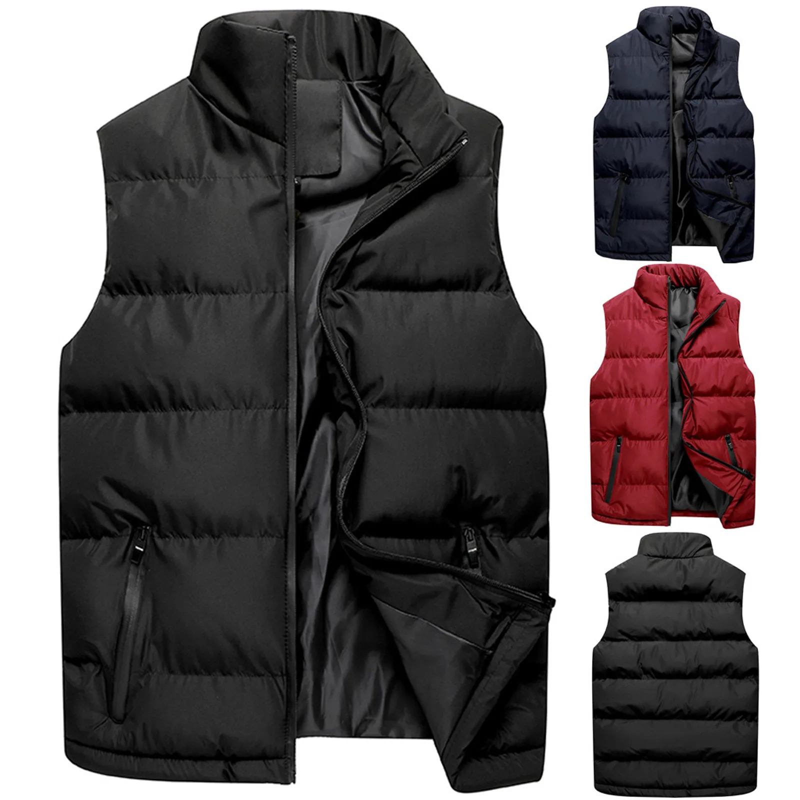 

New Men Autumn Winter Fashion Sleeveless Stand Collar Pure Colors Cotton Warm Zipper Waistcoat Vest Jacket Down Coat Outwear#35