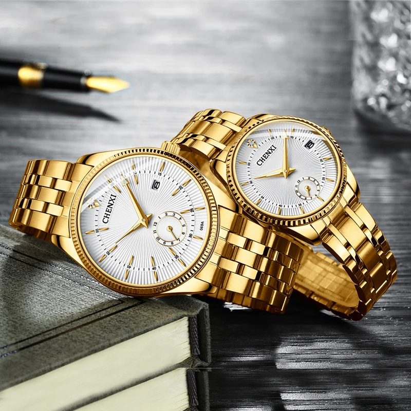 Luxury Quartz Wristwatch Women Golden Watches Mens Waterproof Luminous Famous Design Stainless Steel Couple's Business Watch Men