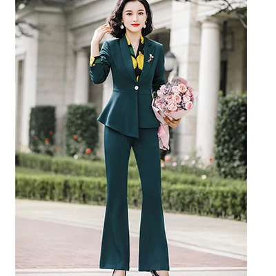 Green Pant suits Женский элегантный брючный костюм, тонкий, модный, формальный, черный, белый, длинный рукав, симметричный блейзер с брюками, офисный Женский Костюм 4XL - Цвет: Green Pant suits