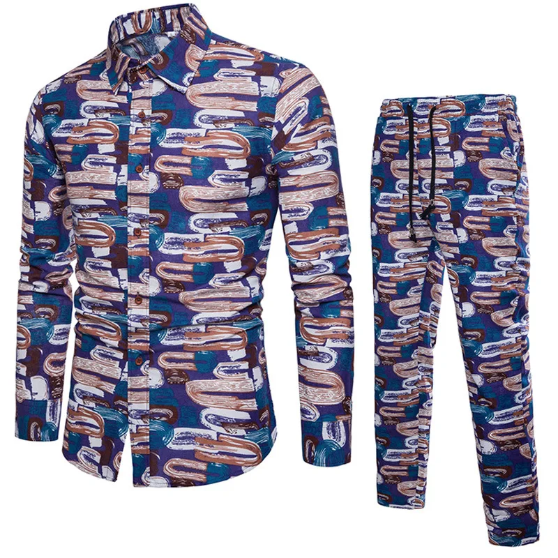 

Hawaiian Colors Printed Mens Suit Large Size M-5XL Casual Cotton Linen Conjunto Masculino Slim Fit Shirts Sweatpants Tracksuit