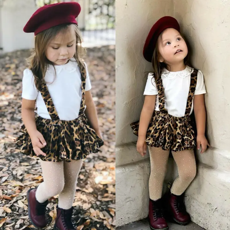 

0-4Y Toddler Baby Kid Girl Clothes Sets Baby Girls Short Sleeve Lace Solid T-Shirt+Leopard Print Bib Skirts Outfits Set Clothes