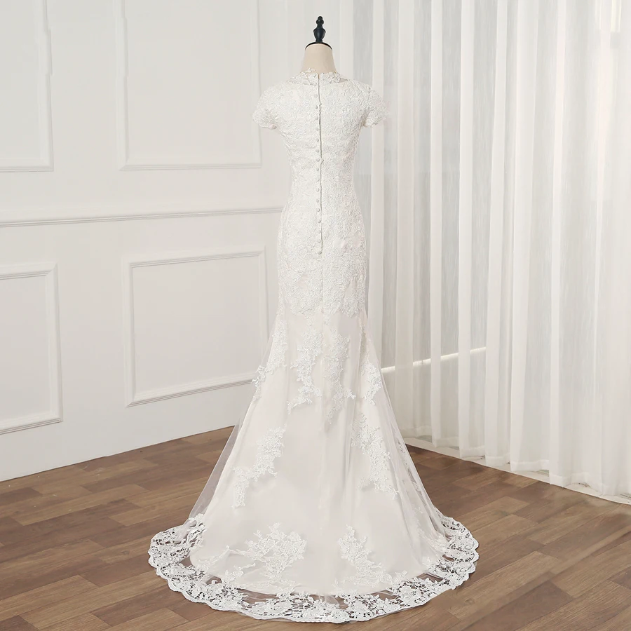 Женское свадебное платье Русалка Jiayigong длинное кружевное с коротким рукавом и