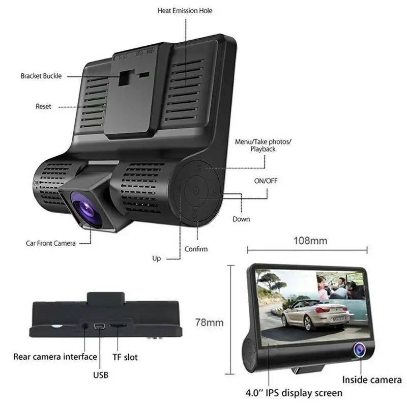 

NEW 4.0 Inch Screen Front And Rear Camera Three-Lens Motion Detection Wide Angle 1080p Full HD Car Camera Car DVR Dash Recorder