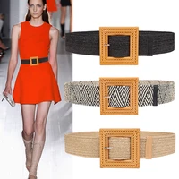 new belts for women hot woven elastic waistband fashion dress skirt coat resin big square buckle simple wide knitted strape belt