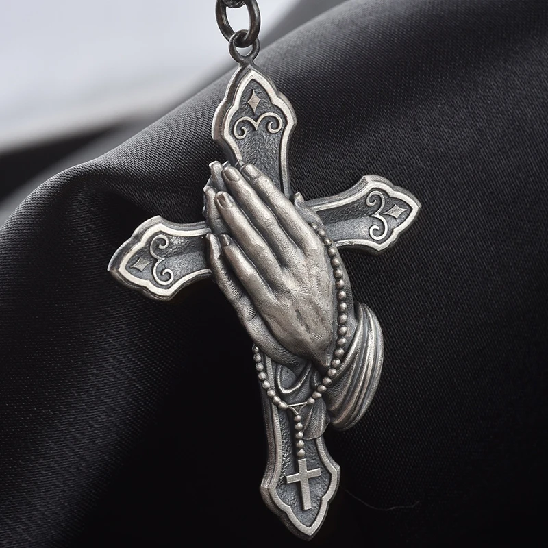 

Vintage Metal Cross Pendant Necklace for Men Women Classic Hands Together Prayer Jewellery Z4T554