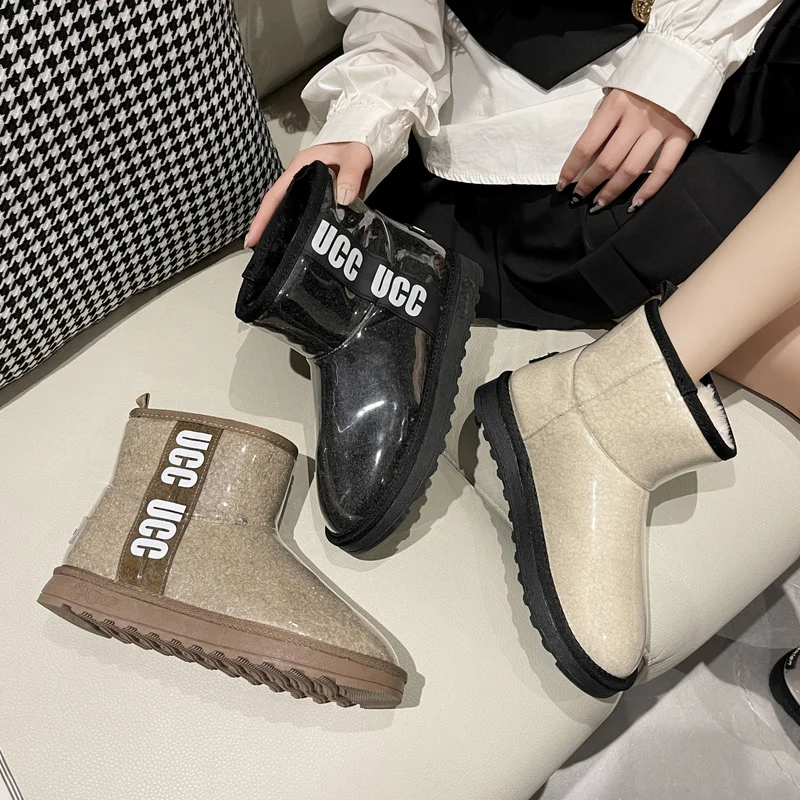 

Women's Waterproof and Warm Snow Boots 2022 Autumn and Winter New Thick Plush Thick-soled Nude Boots Flat-bottomed Cotton Boots