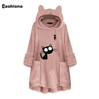 women fashion cats print top long sleeve sweatshirt knitted pullovers stand pocket shirts sexy girls clothing plus size s 5xl