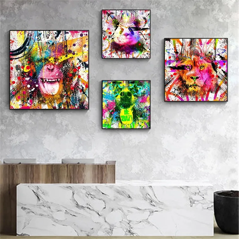 

Abstract Graffiti Animals Art Posters and Prints Wall Art Canvas Painting Colors Lion Panda Monkey Elephant Pictures Home Decor