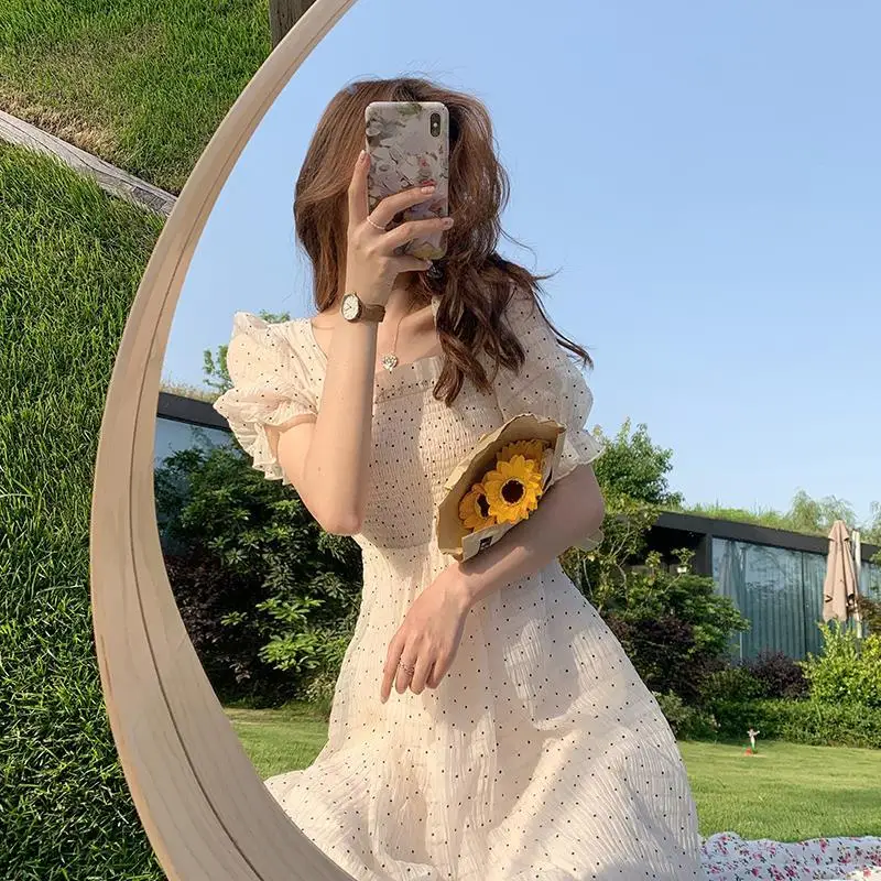 

2021 Dot Dress Summer Floral Design Sweet Short Sleeve Chiffon Elegant Dress Korean Style Square Collar Party Dress for Female